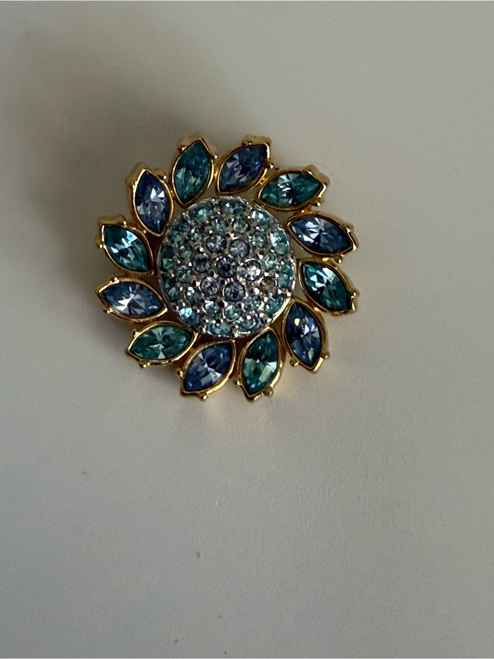 Swan Swarovski Gold-Tone Blue & Teal Crystal Floral Brooch